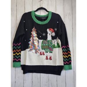 Ugly Christmas Sweater Llama In Boots Sz XL Black Pink Green Sequined Holiday